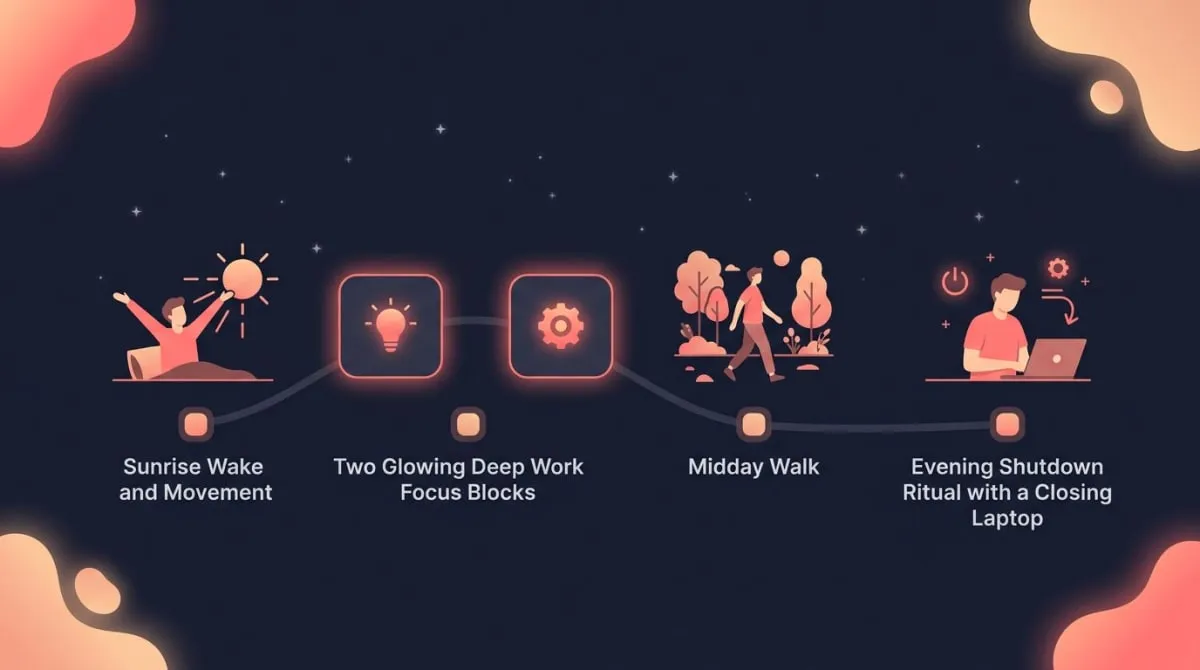 A single monk mode day shown as a timeline arc from morning movement through two deep work blocks to an evening shutdown ritual