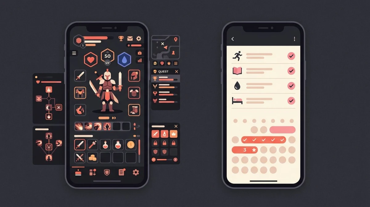 Comparison of an RPG-style habit app interface and a clean minimal habit tracker on two phones