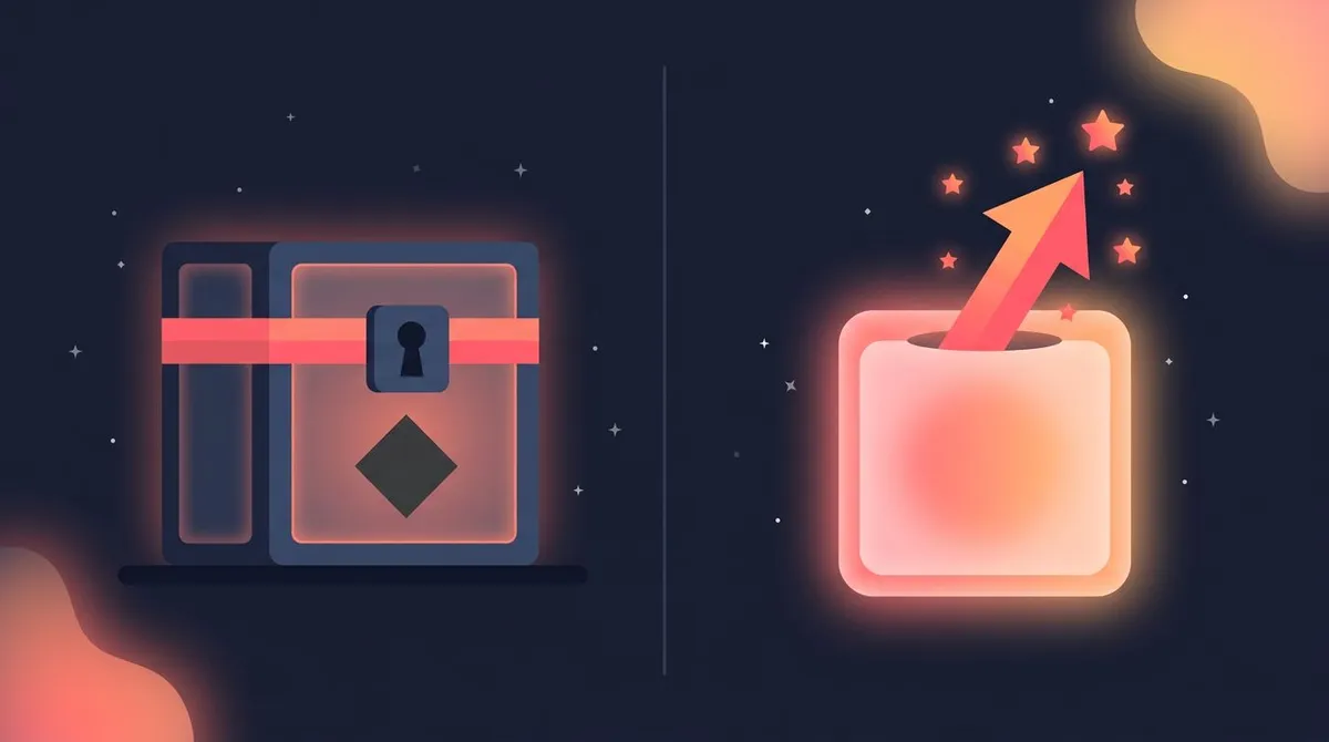 Fixed versus growth mindset comparison illustration of a locked box beside an open glowing card with an upward arrow