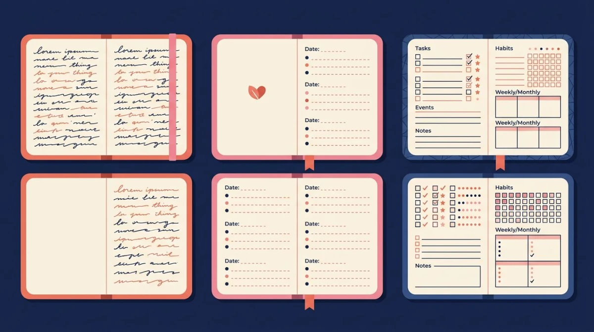 Three journaling formats compared — free-write, gratitude, and bullet log notebooks side by side for how to start journaling