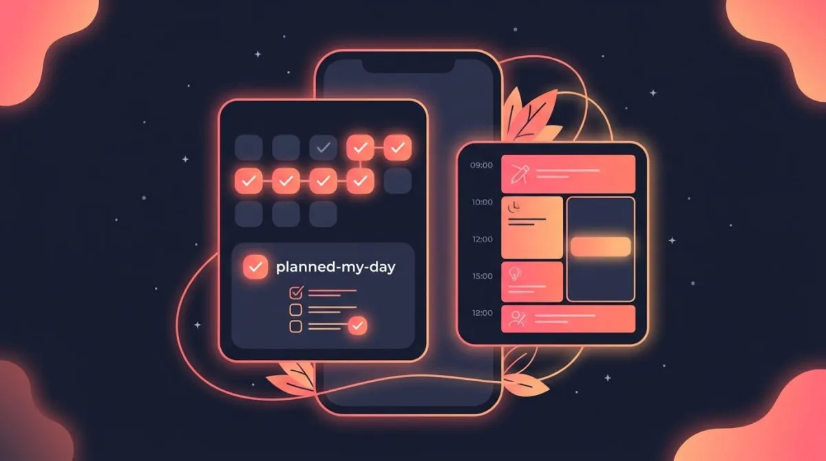 Phone showing a habit streak for planning your day next to a time-blocked schedule