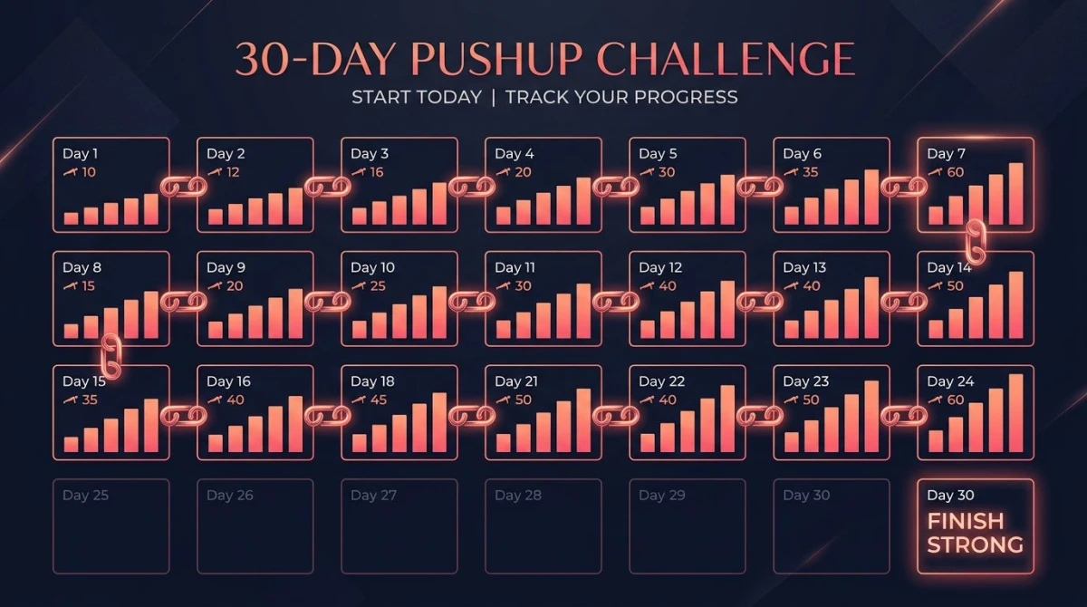 Calendar grid visualization of a 30 day pushup challenge with streak chains