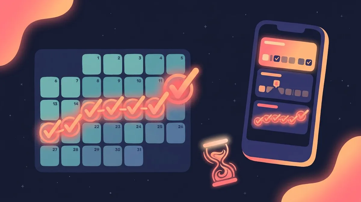 Calendar heatmap with an unbroken streak of glowing checkmarks beside a habit tracker phone