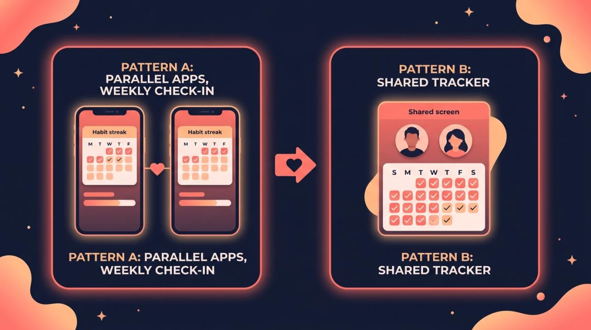 Habit tracker for couples infographic: two side-by-side patterns — Pattern A parallel apps with a weekly check-in shown as two phones with separate streak calendars connected by a heart, Pattern B shared tracker shown as one screen with two avatars and a single shared calendar