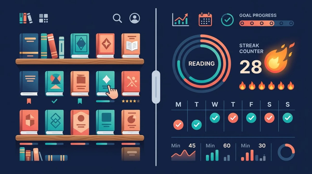 Split illustration contrasting book-cataloging apps with habit tracker streaks, dark background with coral and teal accents