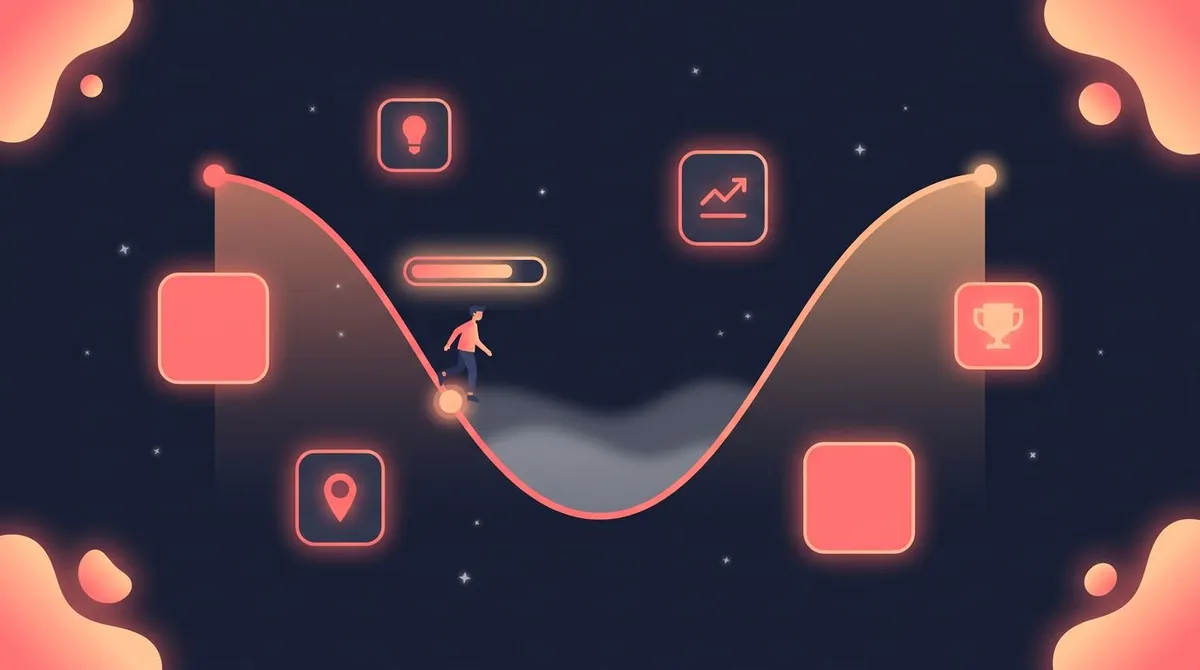 Flat editorial illustration of the messy middle of a goal shown as a dip curve rising back up past a glowing progress checkpoint