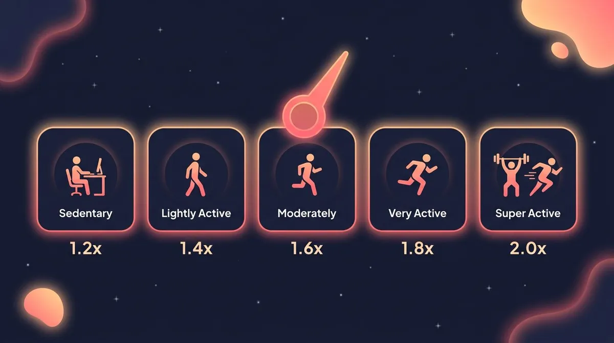 Flat illustration of an activity-level scale with five ascending cards and a glowing dial, TDEE activity multipliers