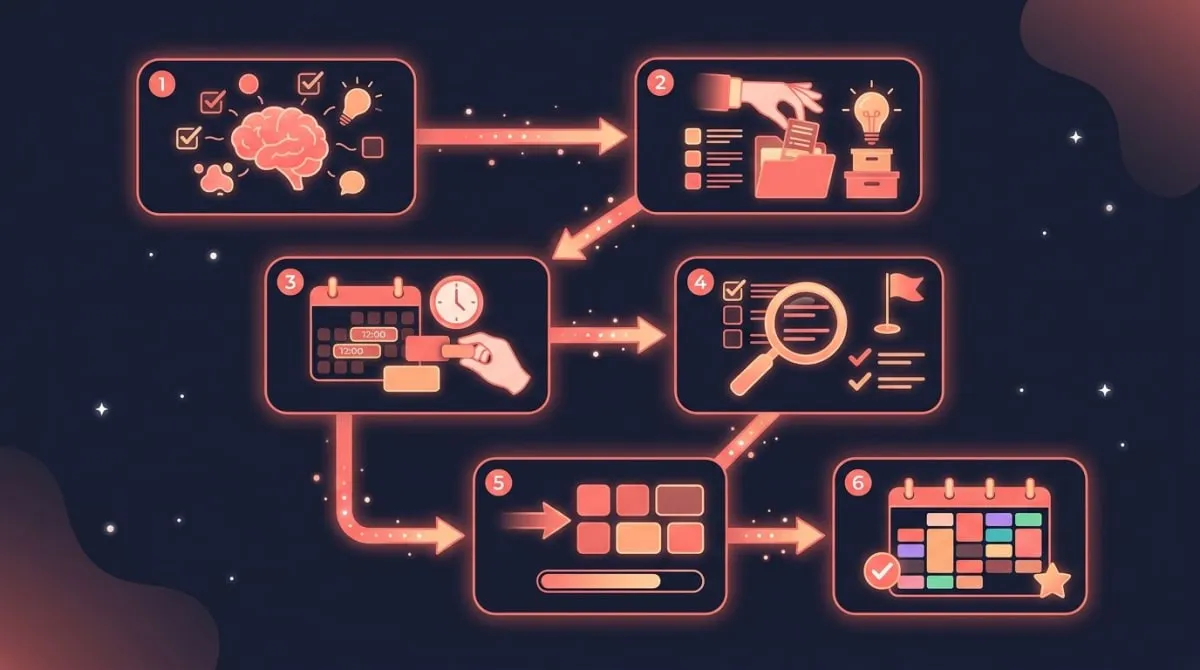 Six numbered steps for how to time block, from a task brain-dump to a finished calendar