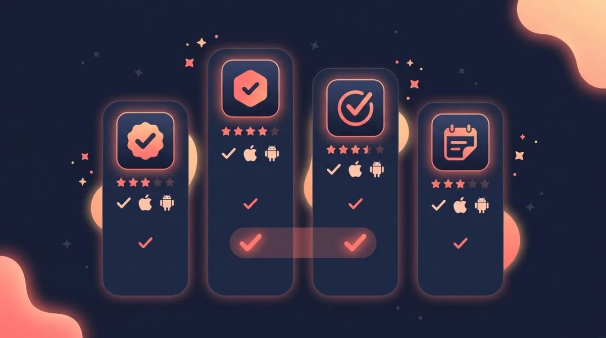 Side-by-side habit tracker comparison columns with feature checkmarks and platform icons