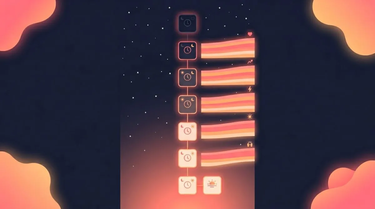 Infographic: a vertical timeline showing the 15-minutes-earlier-per-day wake-time shift, with rounded step cards descending from a late wake time to an early one, beside a rising streak chart