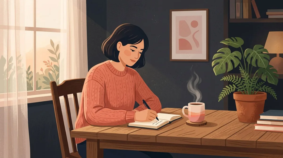 Person at a wooden desk in soft morning light writing in a journal next to a steaming mug