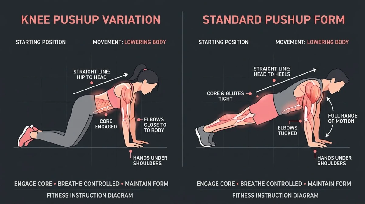Side-by-side illustration of knee pushup and standard pushup form