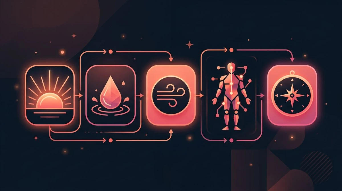 Five-step anxiety morning routine habit stack diagram showing light, water, breath, body scan, and intent in flow on a dark background