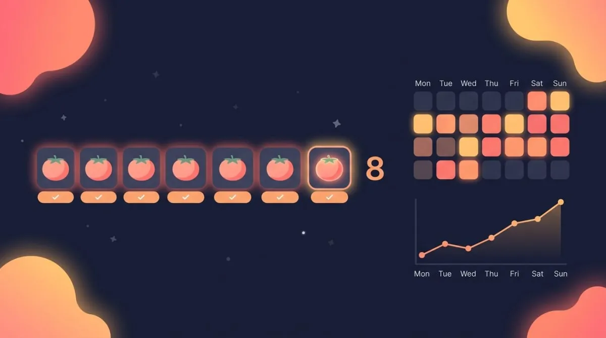 Pomodoros tracked as a daily count habit, with tomato tokens tallied toward a target of 8 and a weekly heatmap filling in
