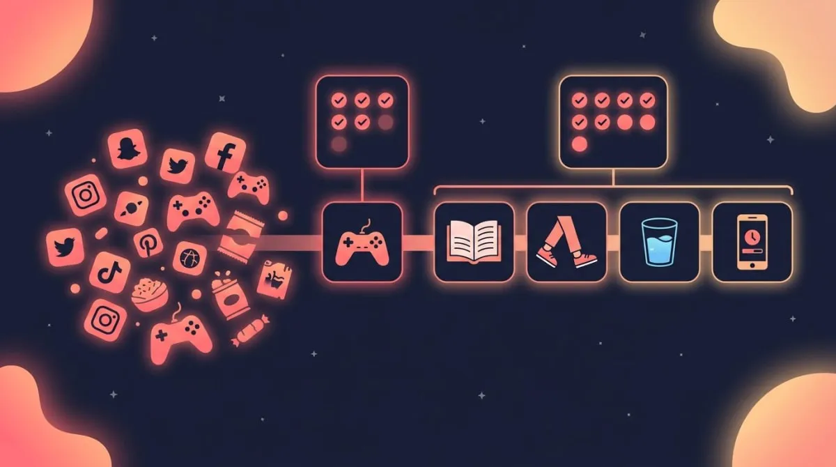 Dopamine detox plan illustrated as a timeline from a chaotic side full of glowing app icons, game controllers, and snacks toward a calm side with a book, a walk, water, and a phone showing a screen-time limit, with rounded cards for a one-day reset and a one-week plan — dopamine detox plan