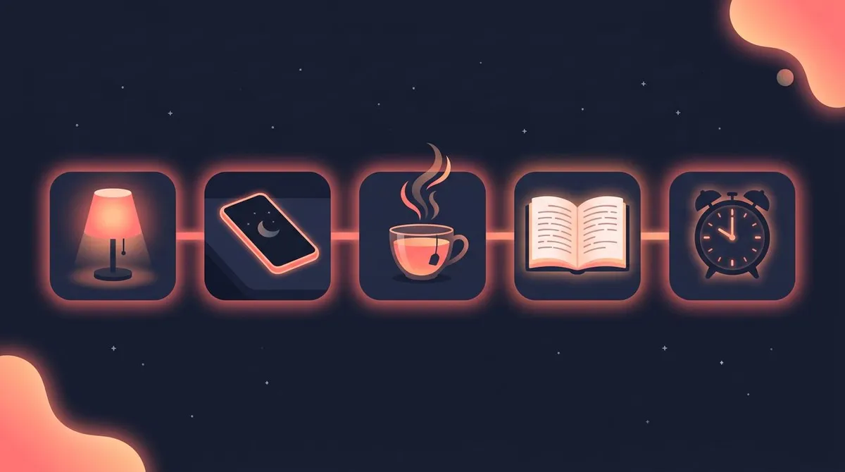 Evening wind-down routine shown as a connected chain of habit icons: dim lamp, phone away, tea, book, and a steady bedtime
