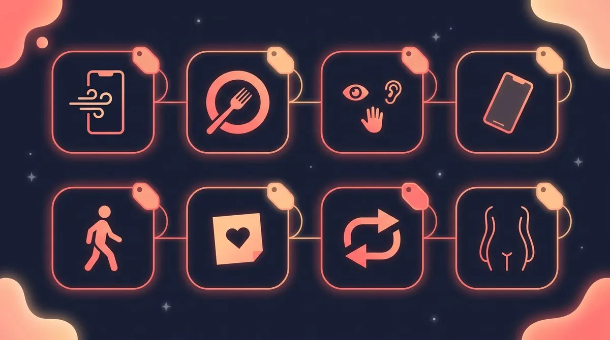 Eight rounded cards showing small presence habits, each linked to a trigger cue — simple daily habits to be more present