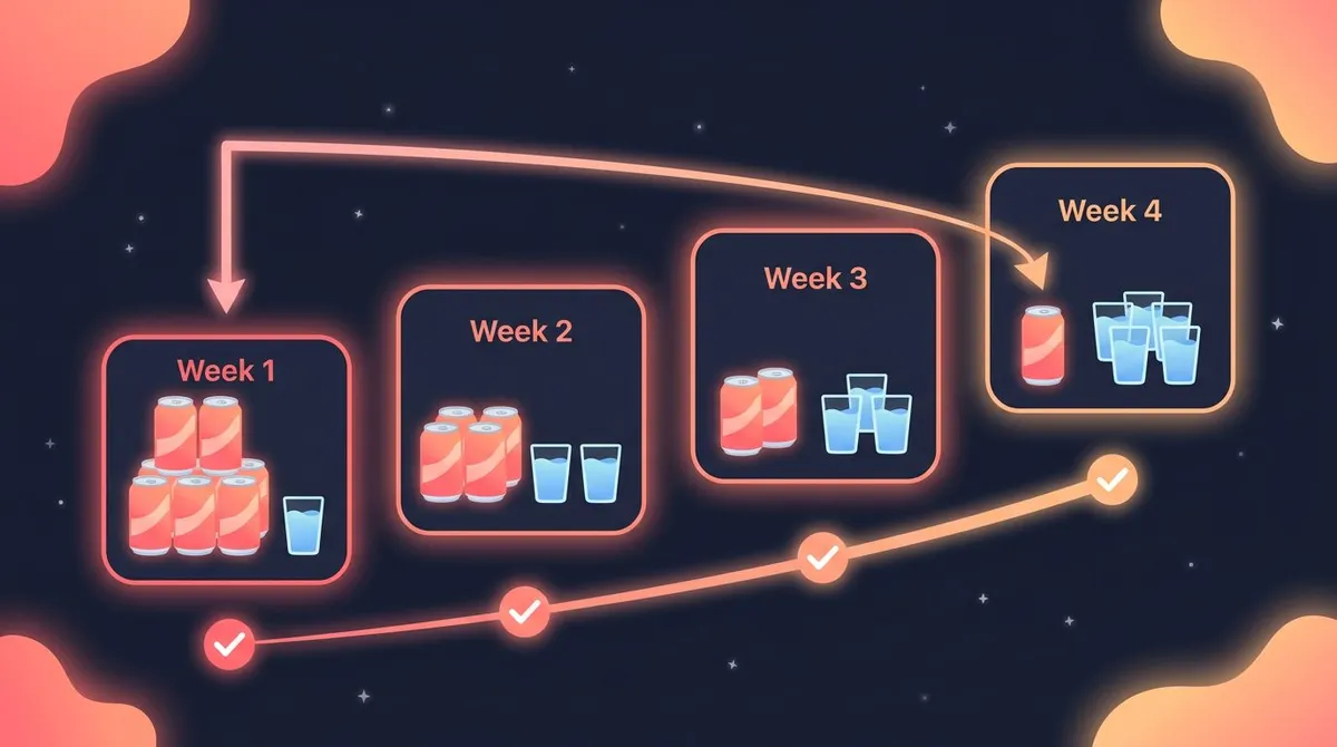 4-week soda taper infographic showing soda cans decreasing and water glasses increasing each week
