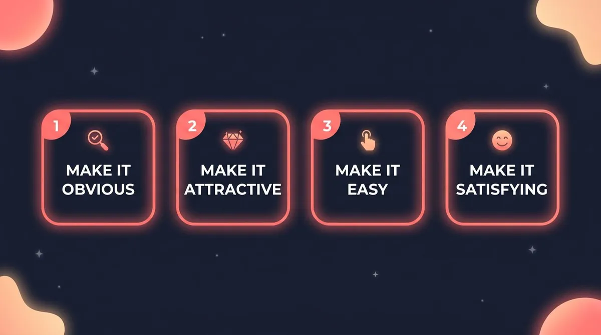 The four laws of behavior change as four cards: make it obvious, attractive, easy, and satisfying