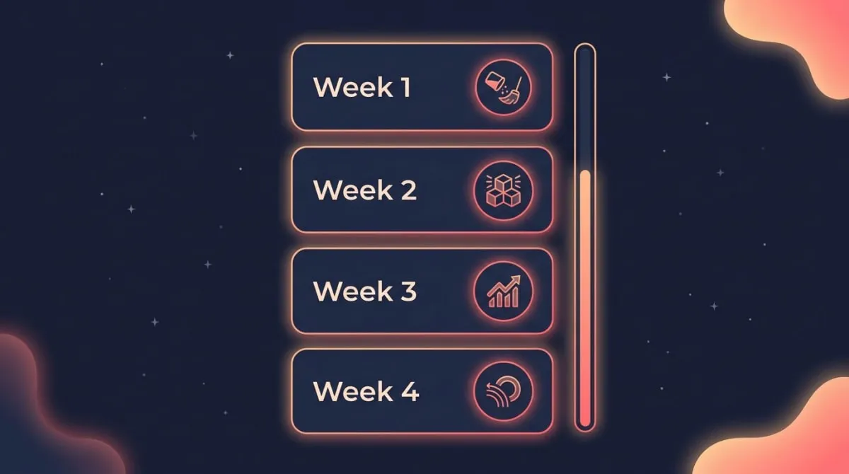 A 30-day monk mode plan shown as four weekly cards from detox to re-entry with a progress bar building across the month
