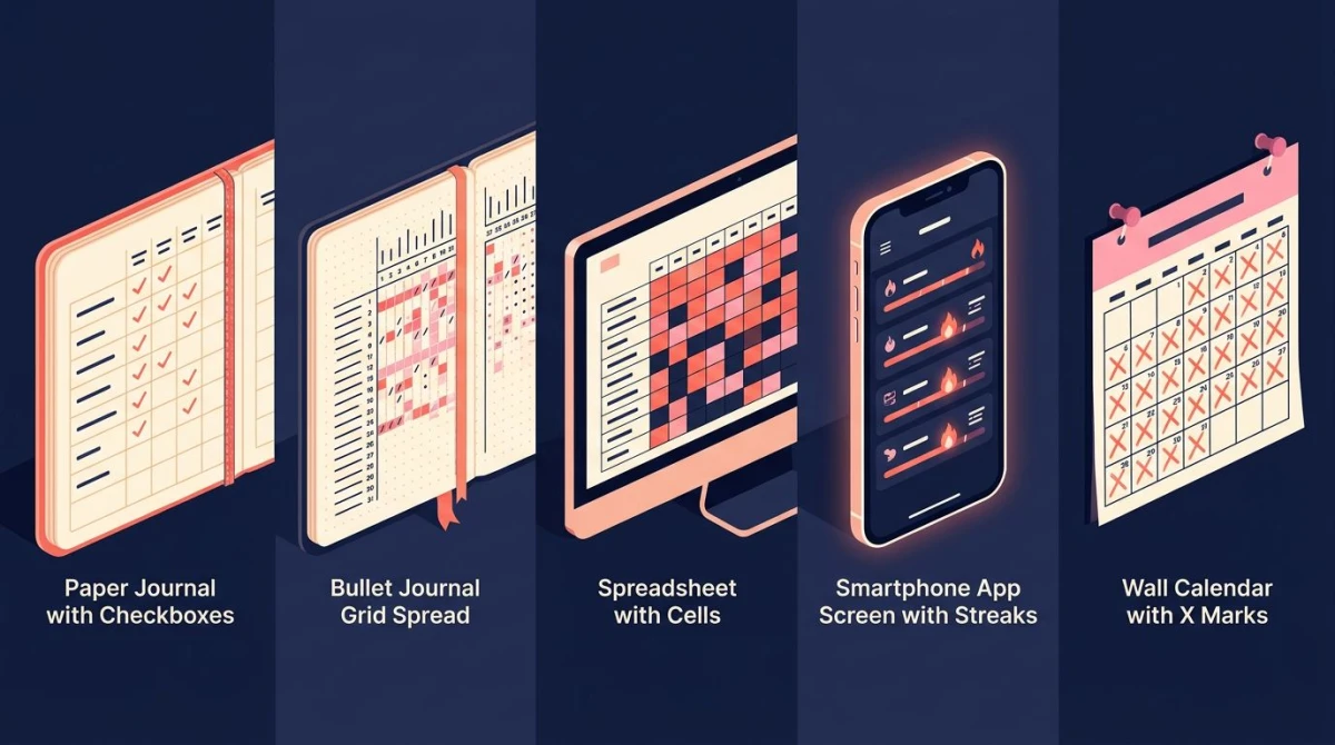 Five habit tracking methods compared side by side: paper journal, bullet journal, spreadsheet, app, calendar