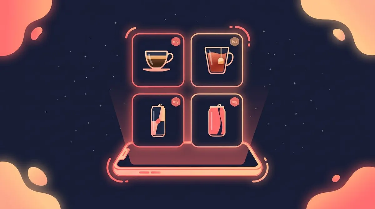 Four rounded drink cards for espresso, tea, an energy drink and cola, each with a milligram badge