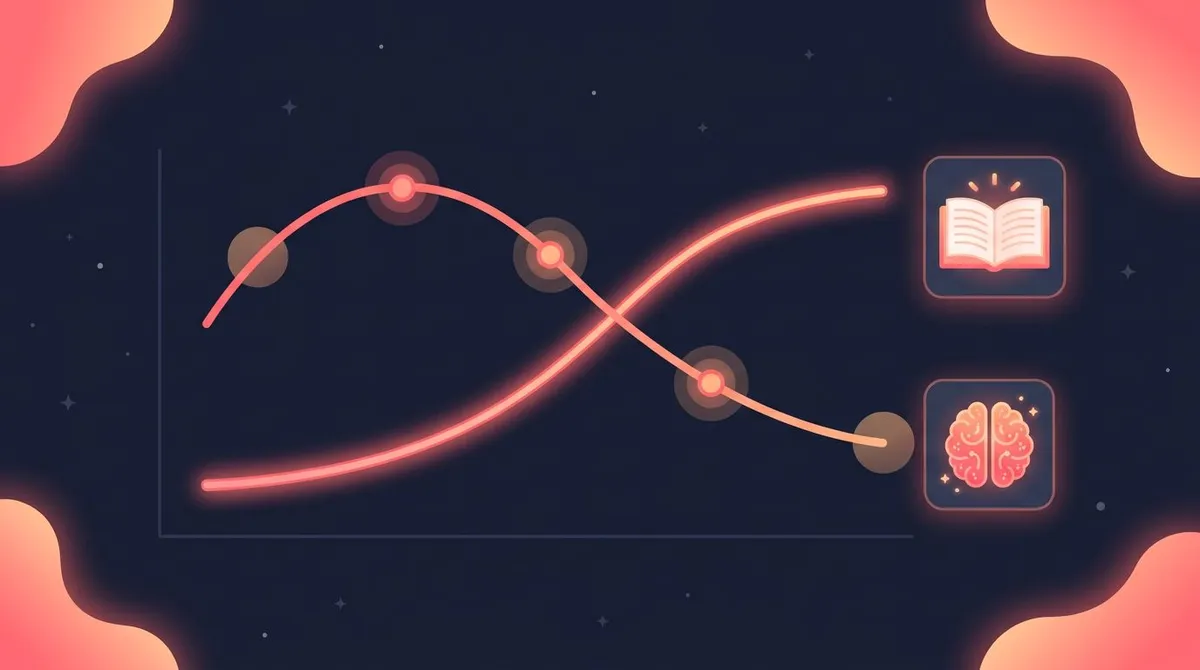 Line graph showing reading speed rising while comprehension drops after a peak, with a book and brain icon — reading speed versus comprehension trade-off