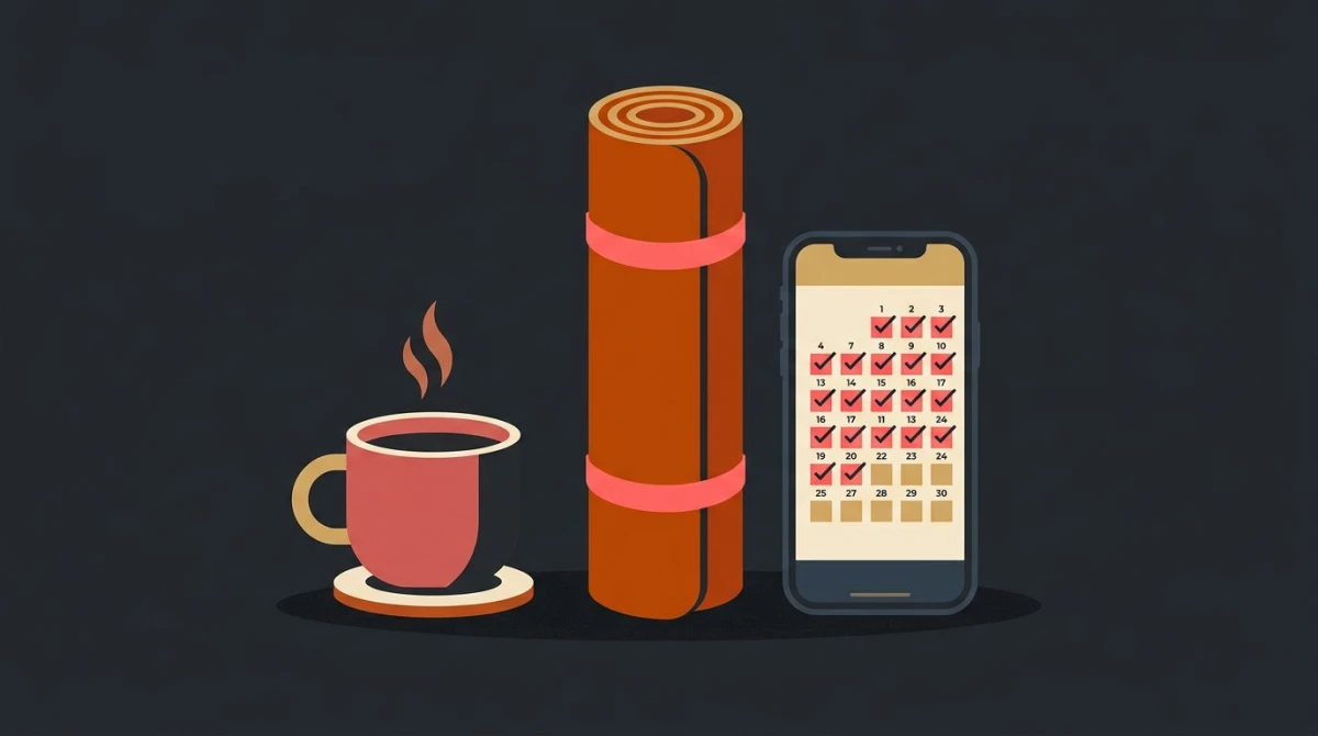 Daily mindfulness anchor cues — coffee, mat, and a habit tracker phone, warm illustration on dark background