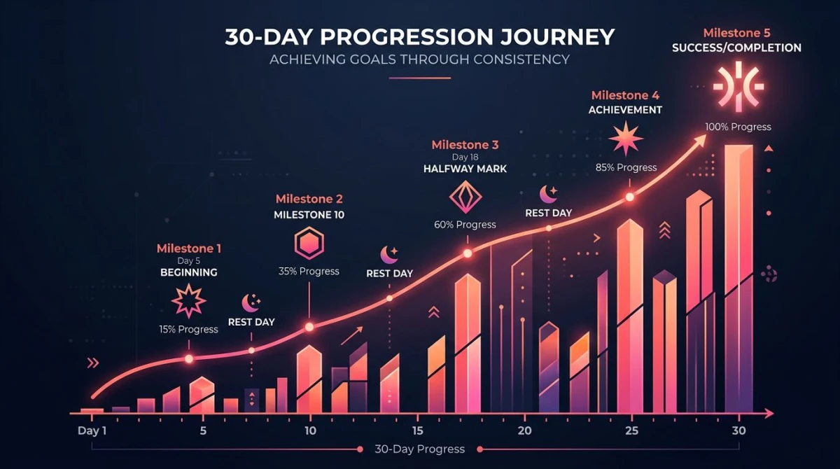 Abstract chart showing a 30 day plank challenge progression from 20 seconds to 5 minutes with rest day markers