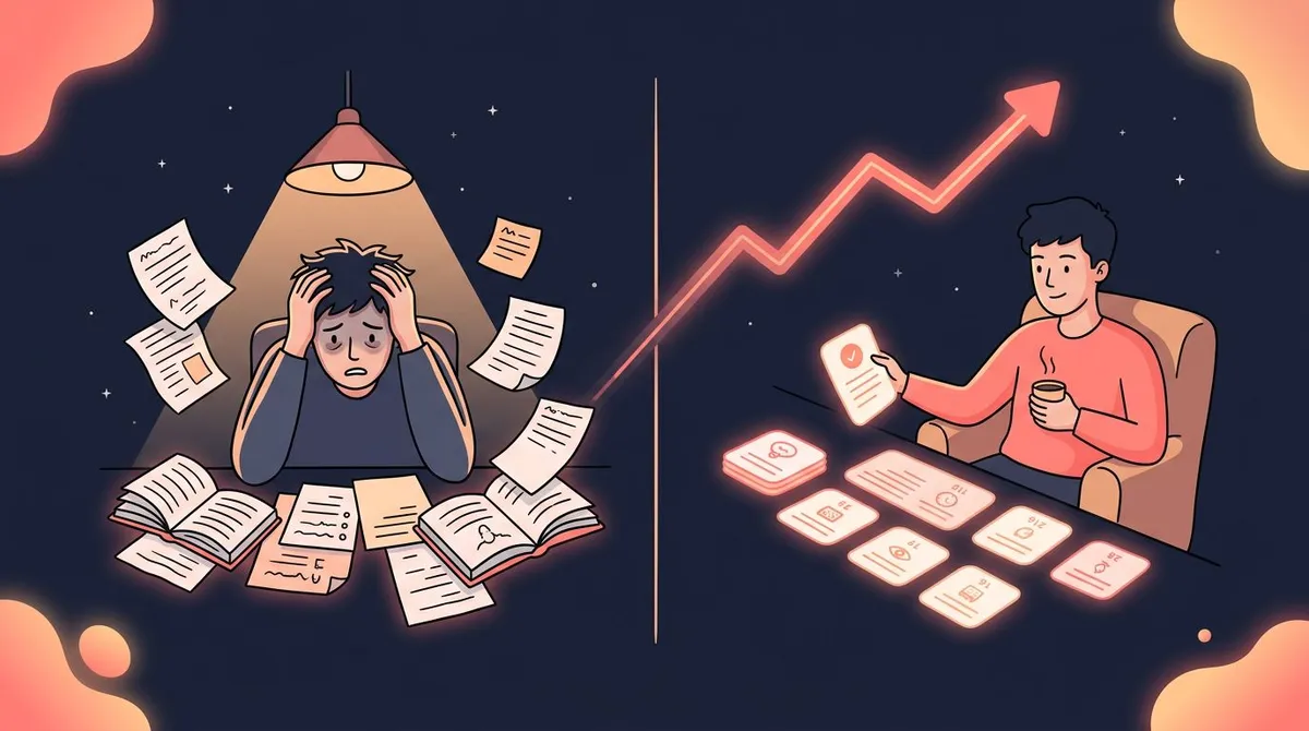 Illustration comparing a stressed student cramming with a calm student using spaced study