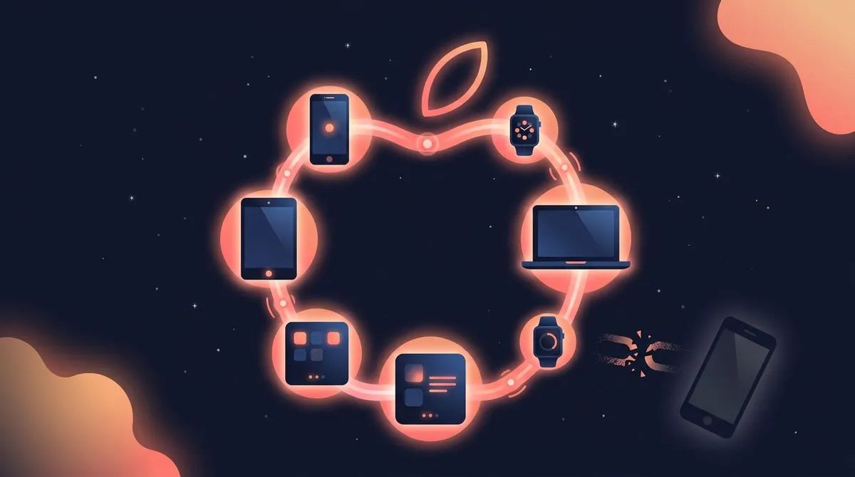 Apple devices linked in a glowing ring with one phone outside it, disconnected