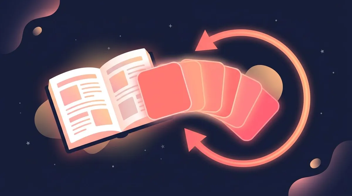 Flashcards fanning out beside an open book with an arrow looping back to show spaced review