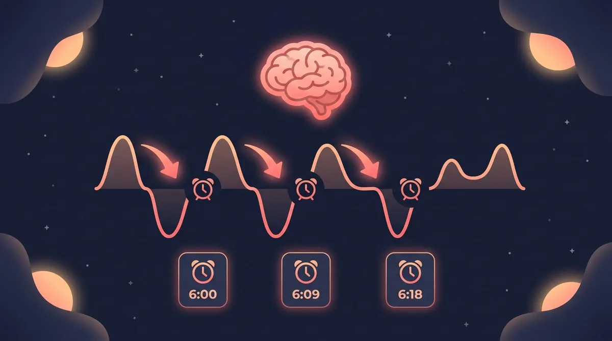 Infographic showing how snoozing fragments the sleep cycle and deepens sleep inertia