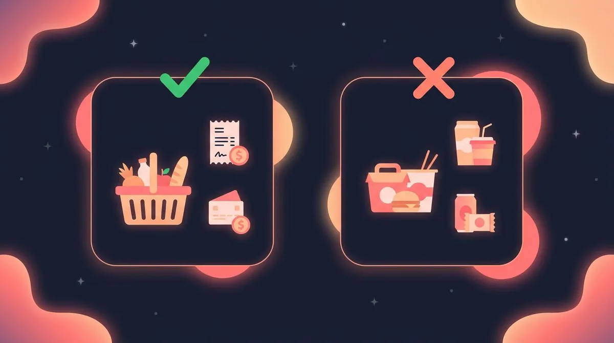 Two side-by-side cards comparing allowed essentials with a green check and banned non-essentials with a coral cross for a no spend challenge