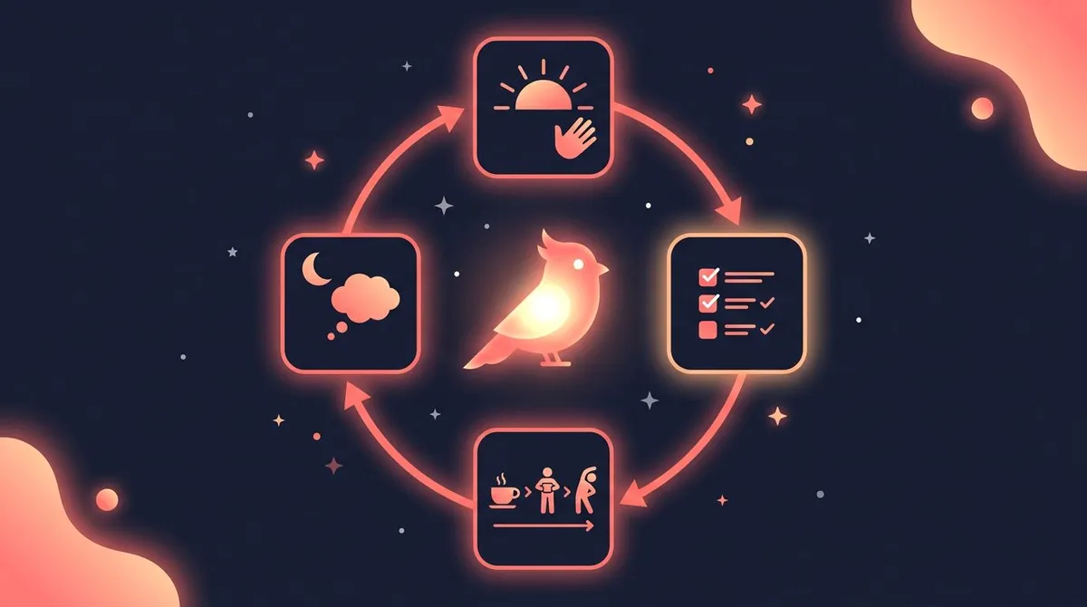 Finch day-in-the-life loop infographic with a glowing pet bird at the center and four rounded step cards for morning greeting, set goals, complete rituals, and evening reflection