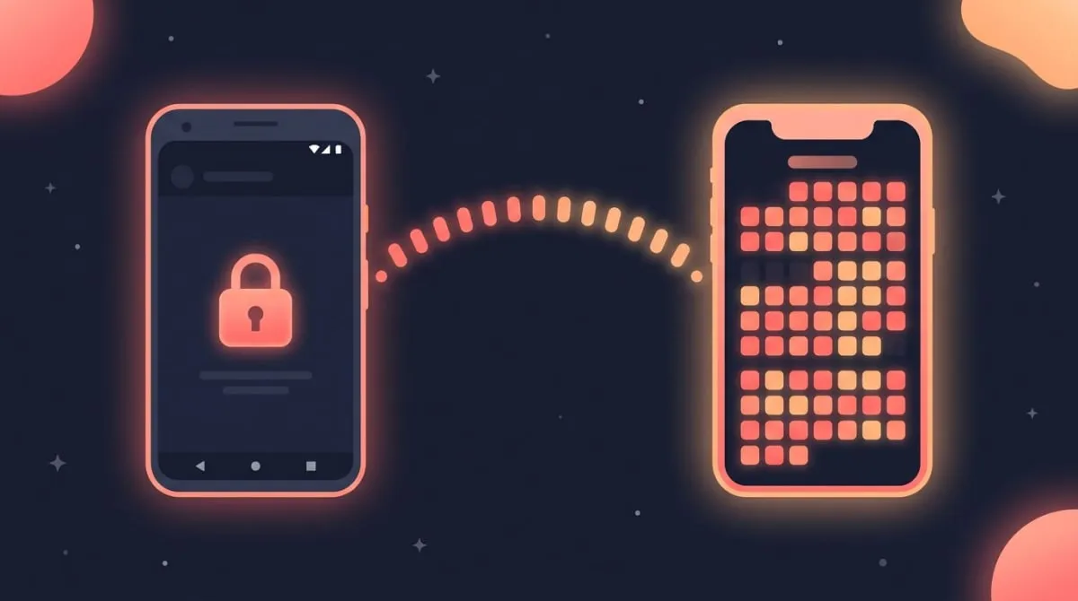 Android user locked out of an iOS-only app with a bridge to a cross-platform habit tracker showing a calendar heatmap
