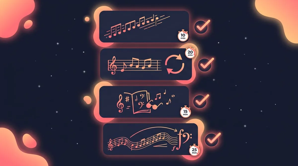 Music practice app session plan: timed warm-up, slow-tempo loop, sight-reading and play-through cards