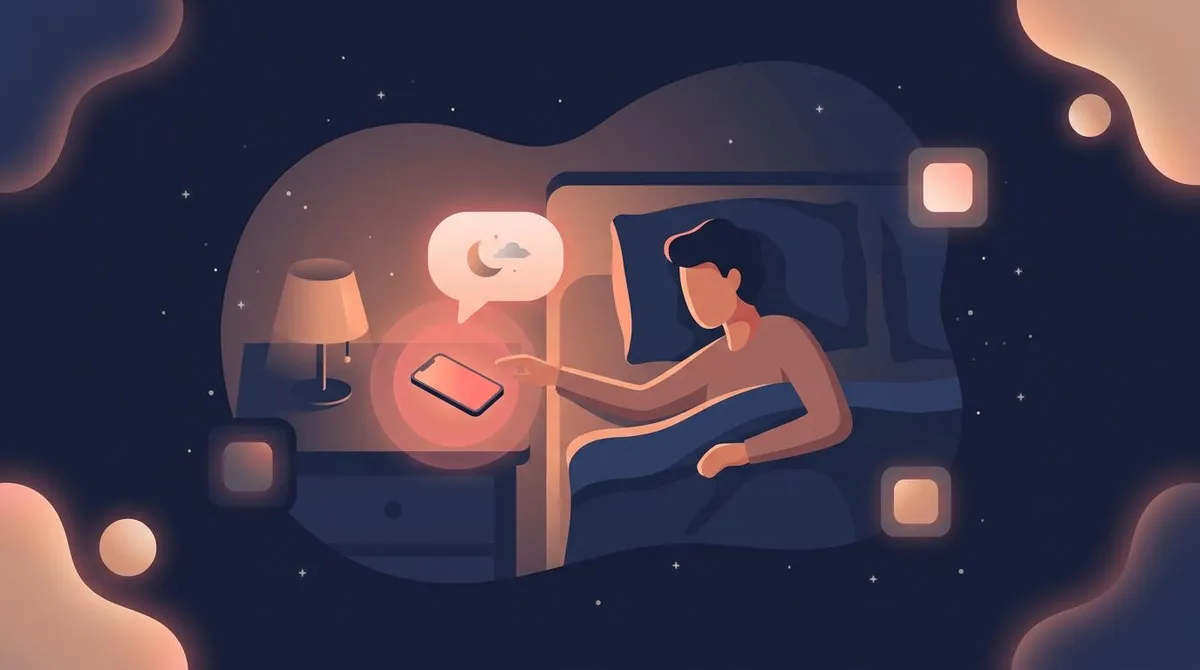 Person waking at dawn recording a dream by voice into a glowing phone on the nightstand