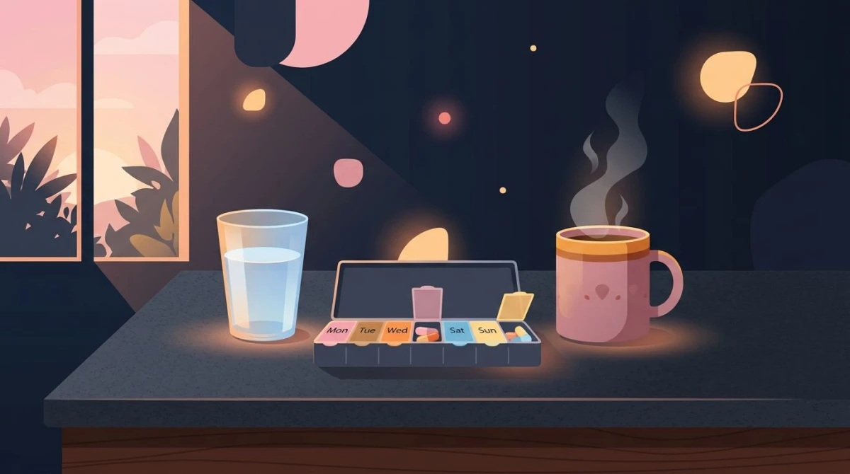 Glass of water and pill organizer on a kitchen counter — supplement morning routine