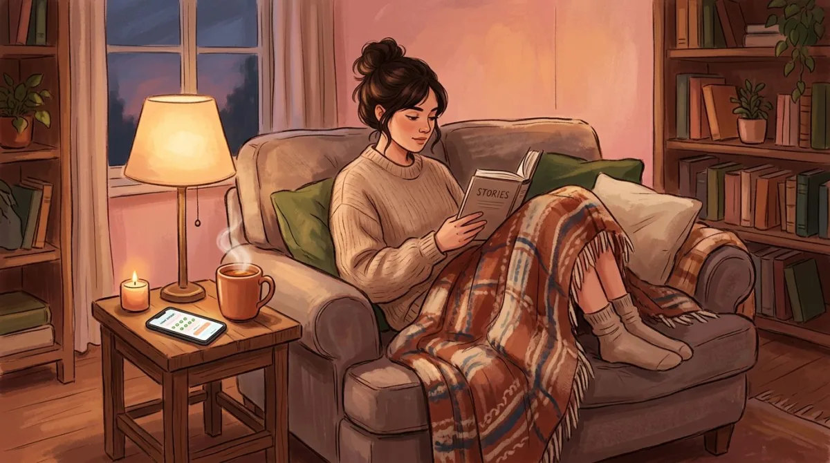 Cozy reading nook with a daily reading tracker app on the side table