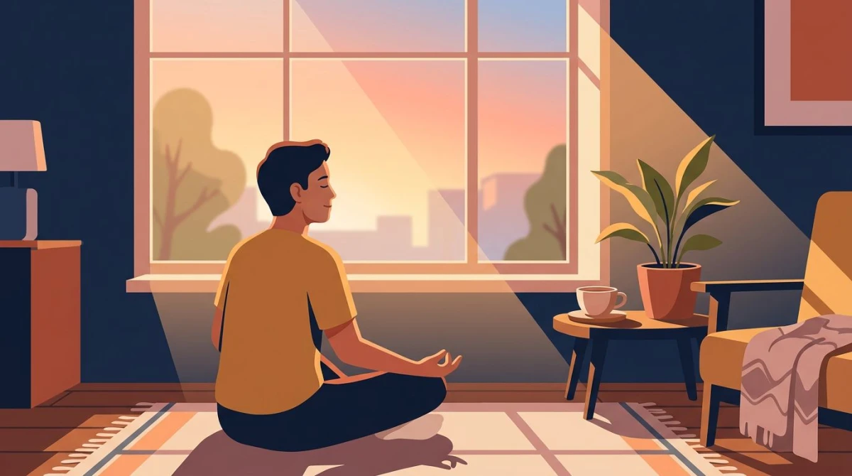Person sitting at a sunlit morning window practicing slow box breathing, peaceful and calm posture, anxiety morning routine