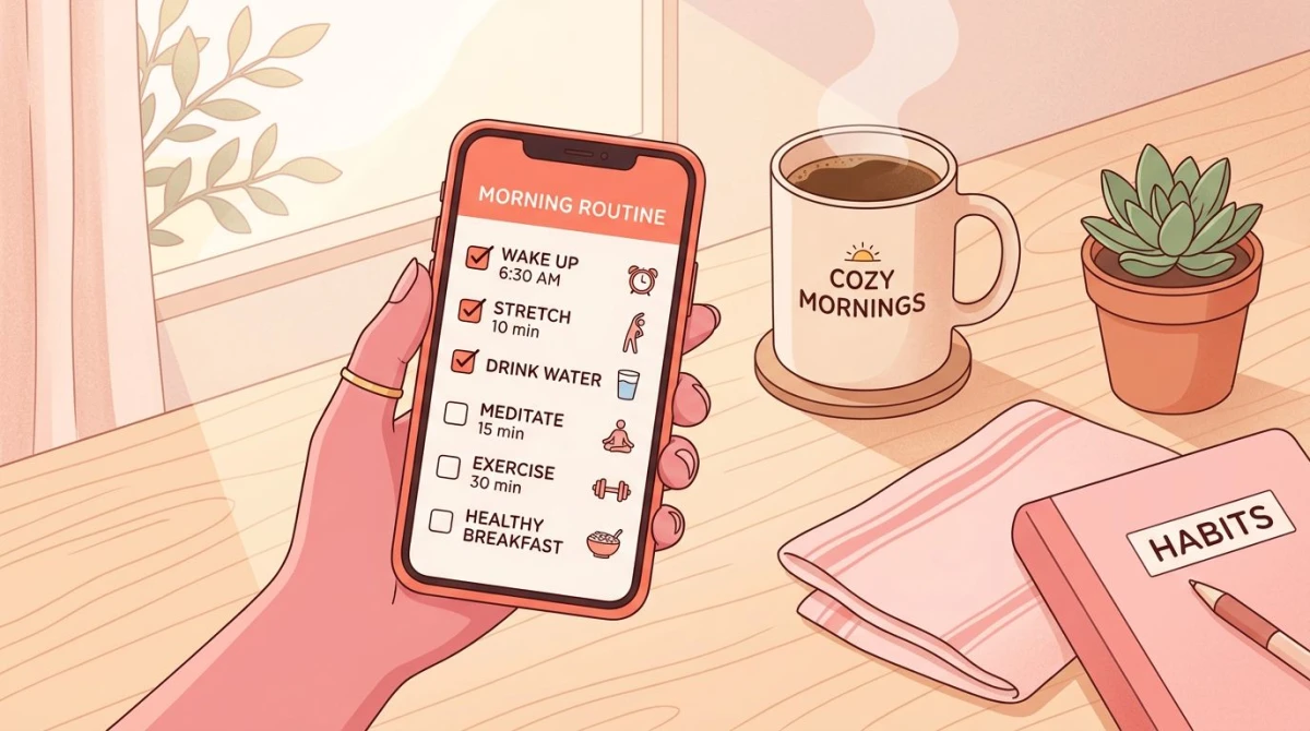 Person holding phone with daily habit checklist while making morning coffee, warm cozy lighting