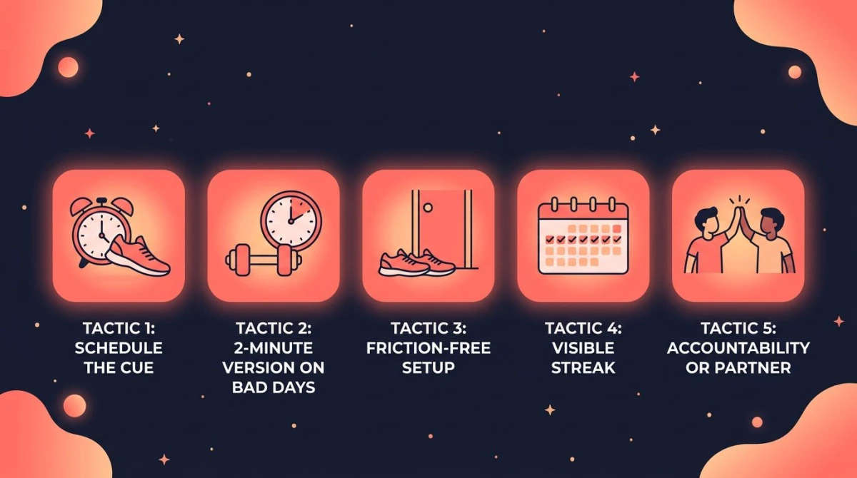 How to make exercise a habit infographic: 5 tactics that beat motivation — schedule the cue, 2-minute version on bad days, friction-free setup, visible streak, accountability or partner