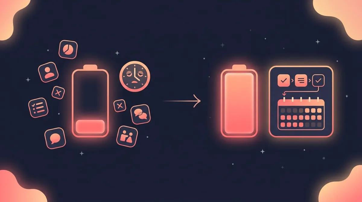 Infographic showing a draining coral battery and decision icons on the left versus a full battery with a habit-stack chain and streak calendar on the right, the design fix for willpower drain