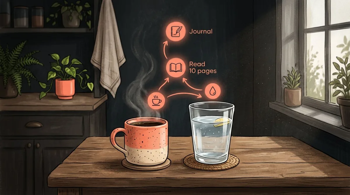 Cozy morning kitchen scene with a glass of water beside a coffee mug, habit-stacking concept