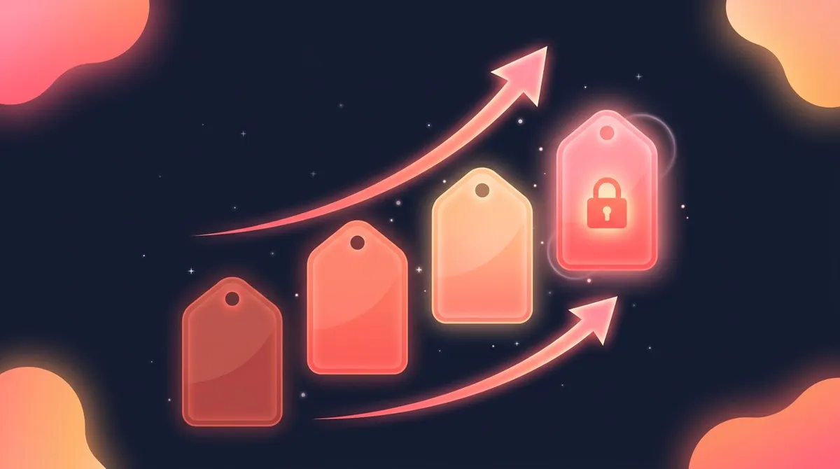 Four price cards climbing like a staircase, the tallest one locked