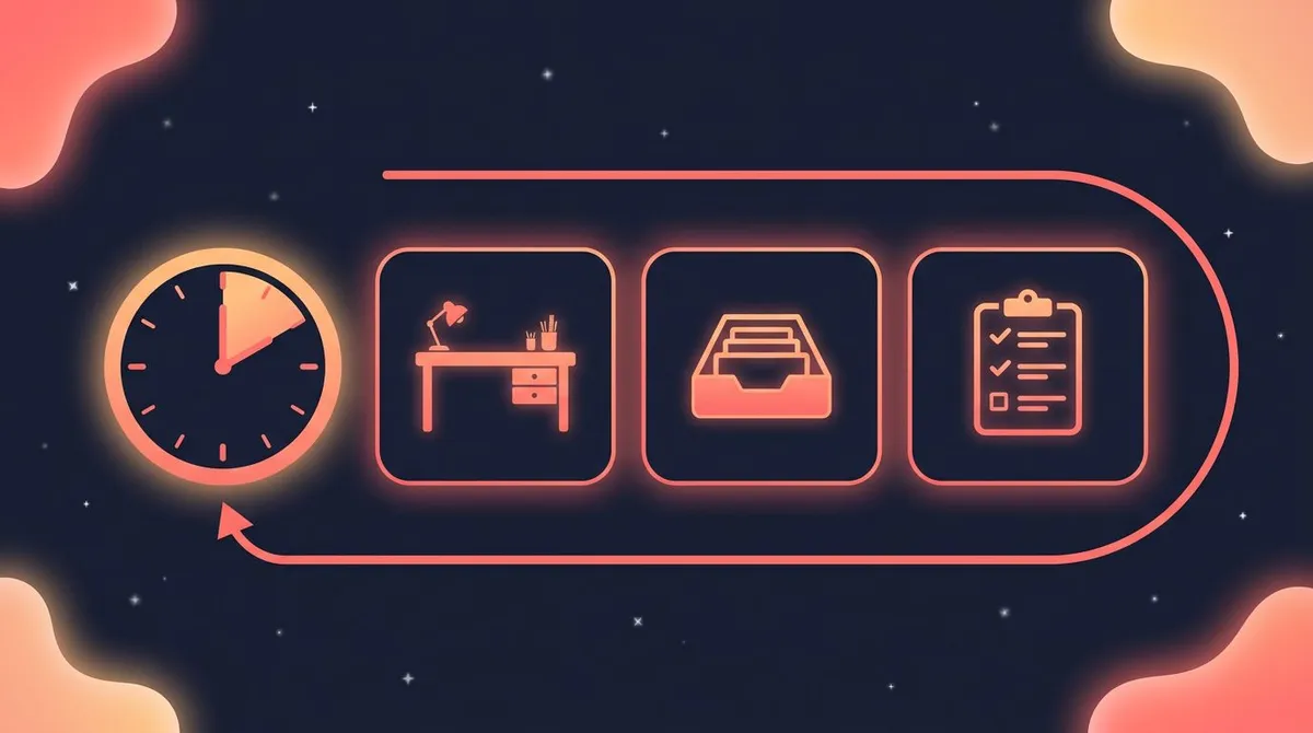 Flat editorial infographic of a daily 10-minute reset loop with clock, tidy desk, inbox, and plan cards