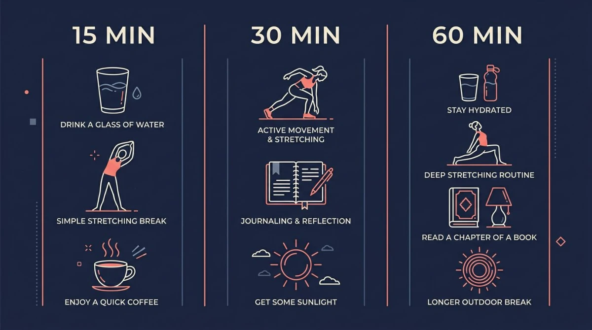 Four morning routine variants for women shown as columns of stacked habit-anchor icons — different combinations of water, sun, journal, mug, moon, and movement icons for each life stage, on a dark navy background with coral accents