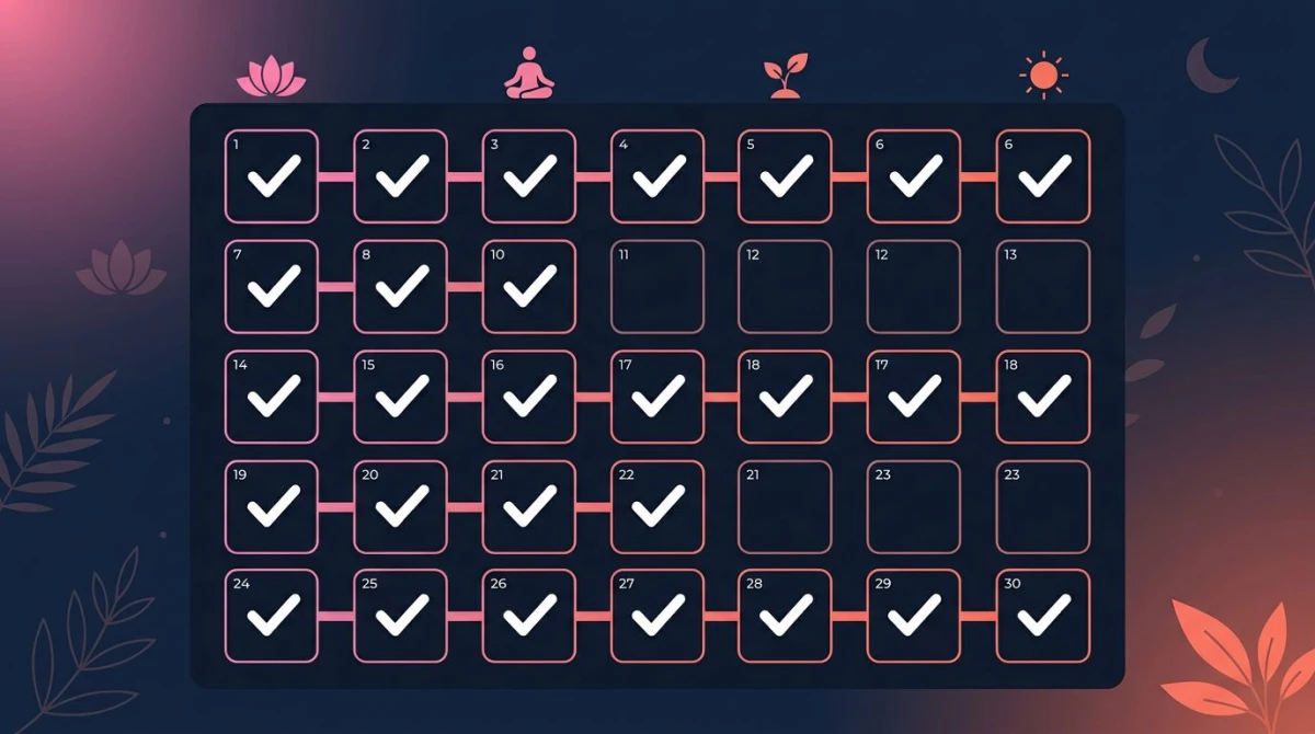 30-day mindfulness habit tracker calendar with streak checkmarks on dark navy background