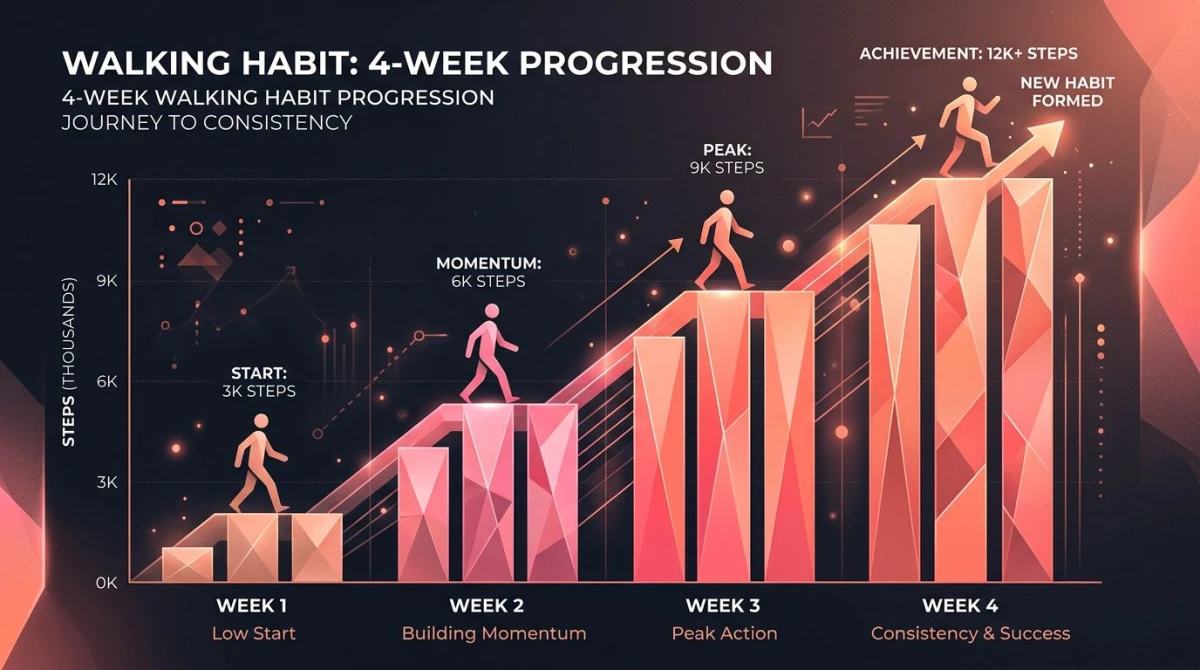 Abstract chart showing a 4-week walking 10000 steps a day ramp from 5500 to 10000 step targets